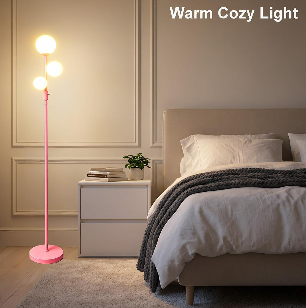 Fiqevs Modern Pink Globe Floor Lamp with Frosted Glass Shade and LED Bulbs, Dimmable Elegant Standing Lamp with Foot Pedal, Tall Pole Lamp…