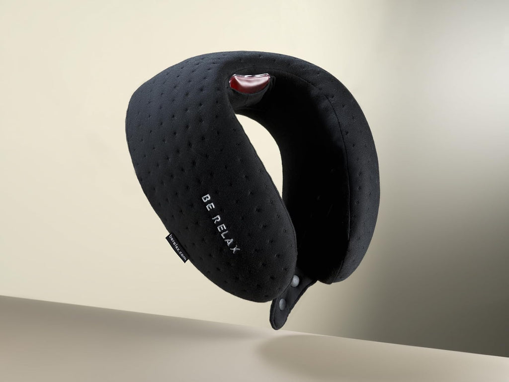 Be Relax Pure Travel Pillow Made of Inner-Side Organic Cotton, Reusable Heat Patch and Ergo Smart Flatback (Solid Black)