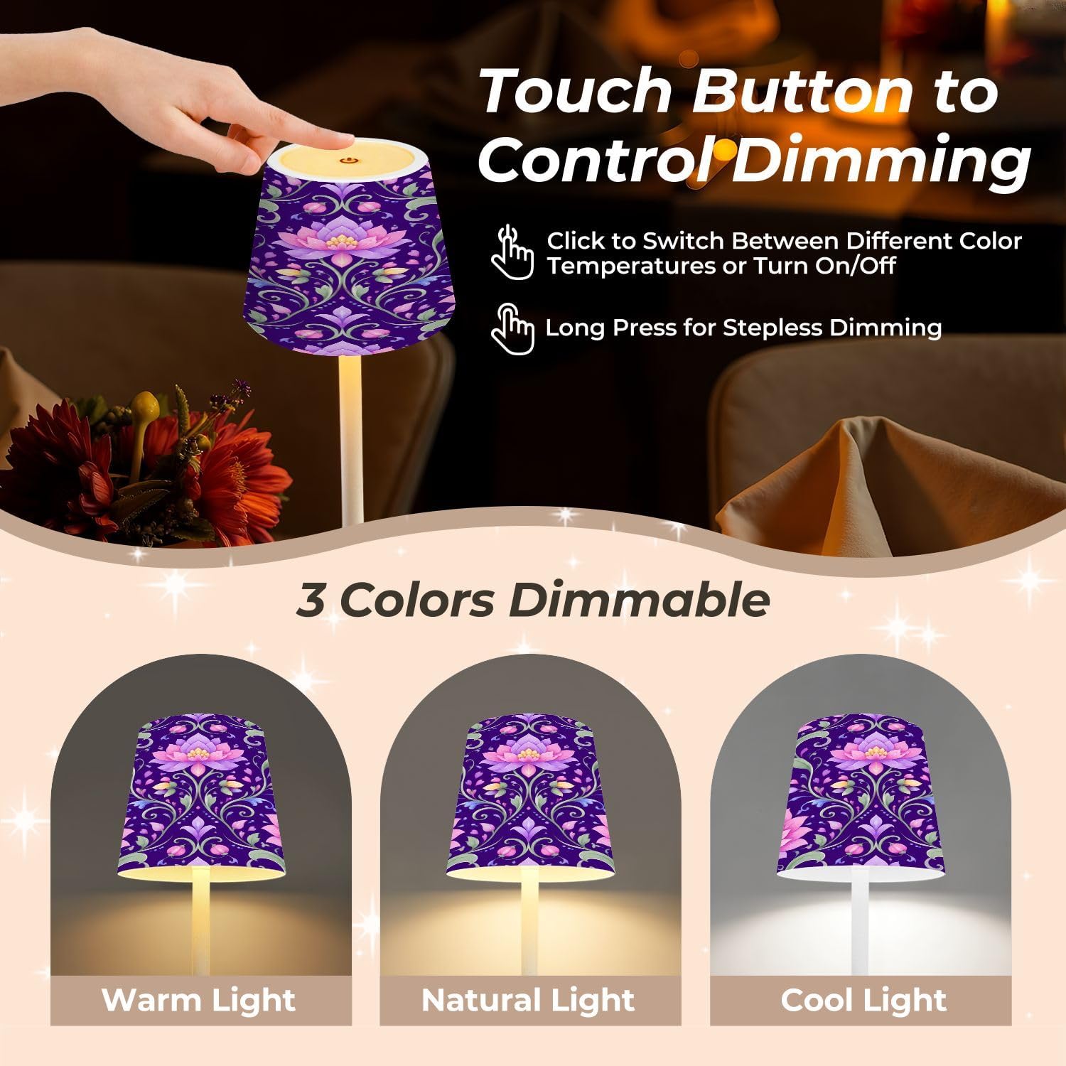 Cordless Mahjong Lamp Pink Lotus Floral Deep Purple Ornamental Vines Small LED Lamp 3 Color Dimmable Rechargeable Lamps for Mah Jong…
