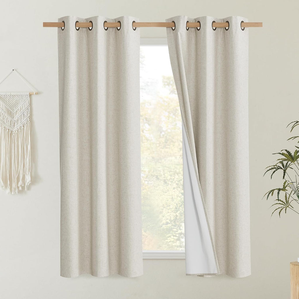 NICETOWN Natural Thick Linen Blend 100% Blackout Curtains 60" Long 2 Panels Set for Bedroom, 34" Wide, Rustic Grommet Thermal Insulated…