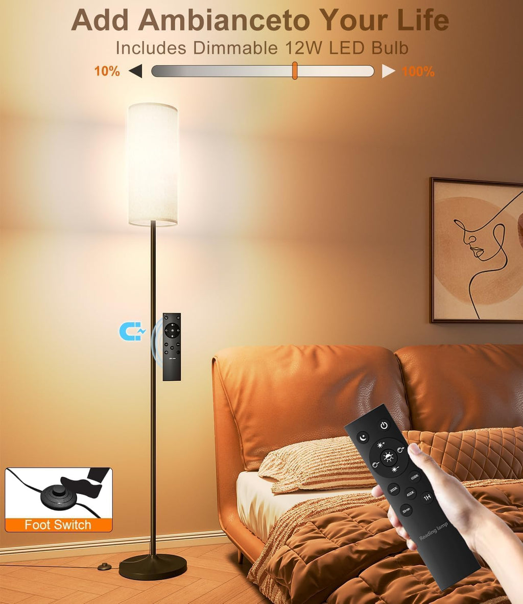 luckystyle Dimmable Floor Standing Tall Lamp, 12W Led Bulb with Lampshade, Foot Switch, Remote Custom Color Temperature Pole for Bedroom…