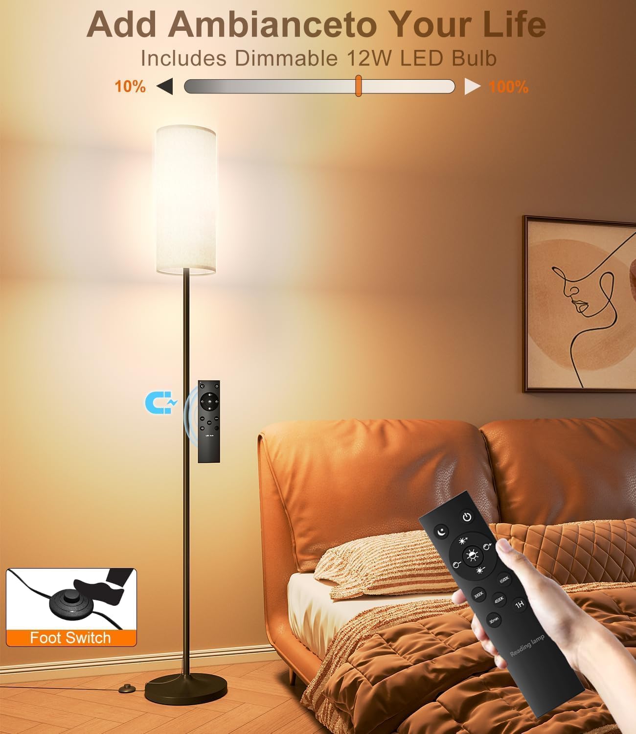 luckystyle Dimmable Floor Standing Tall Lamp, 12W Led Bulb with Lampshade, Foot Switch, Remote Custom Color Temperature Pole for Bedroom…