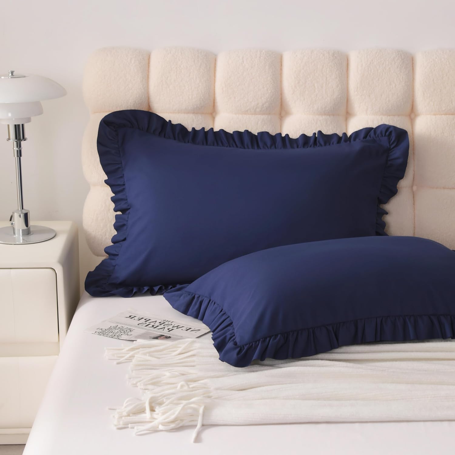 Aerlomi Ruffled Pillowcases, King Pillow Shams 20x36 Set of 2, Brushed Microfiber with Envelope Closure, Soft Wrinkle-Resistant, Nav…