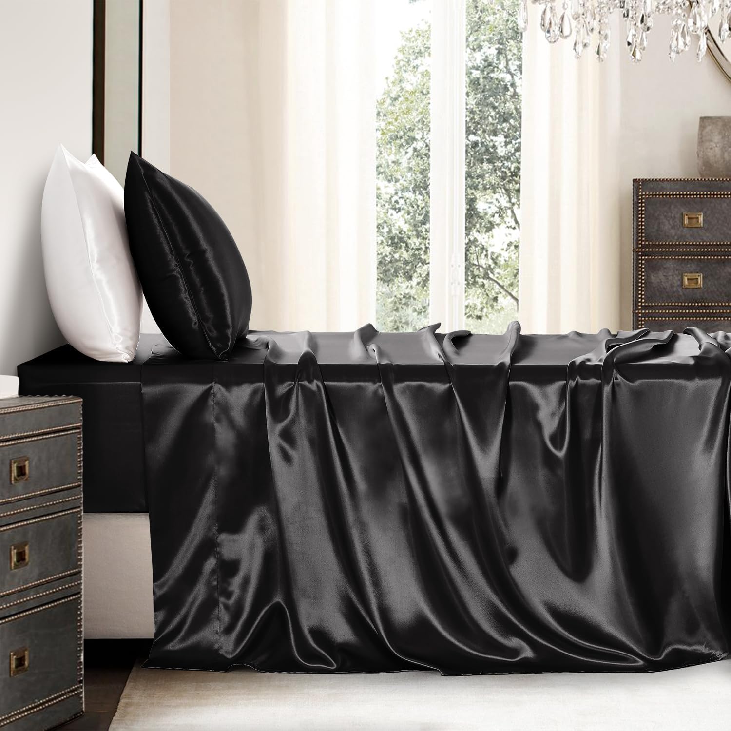 Golal Satin Sheets Twin XL Size - 3 Pieces Luxury Silky Soft Bed Sheets, Wrinkle-Free Black Satin Silk Sheet Set with 1 Deep Pocket Fitted…