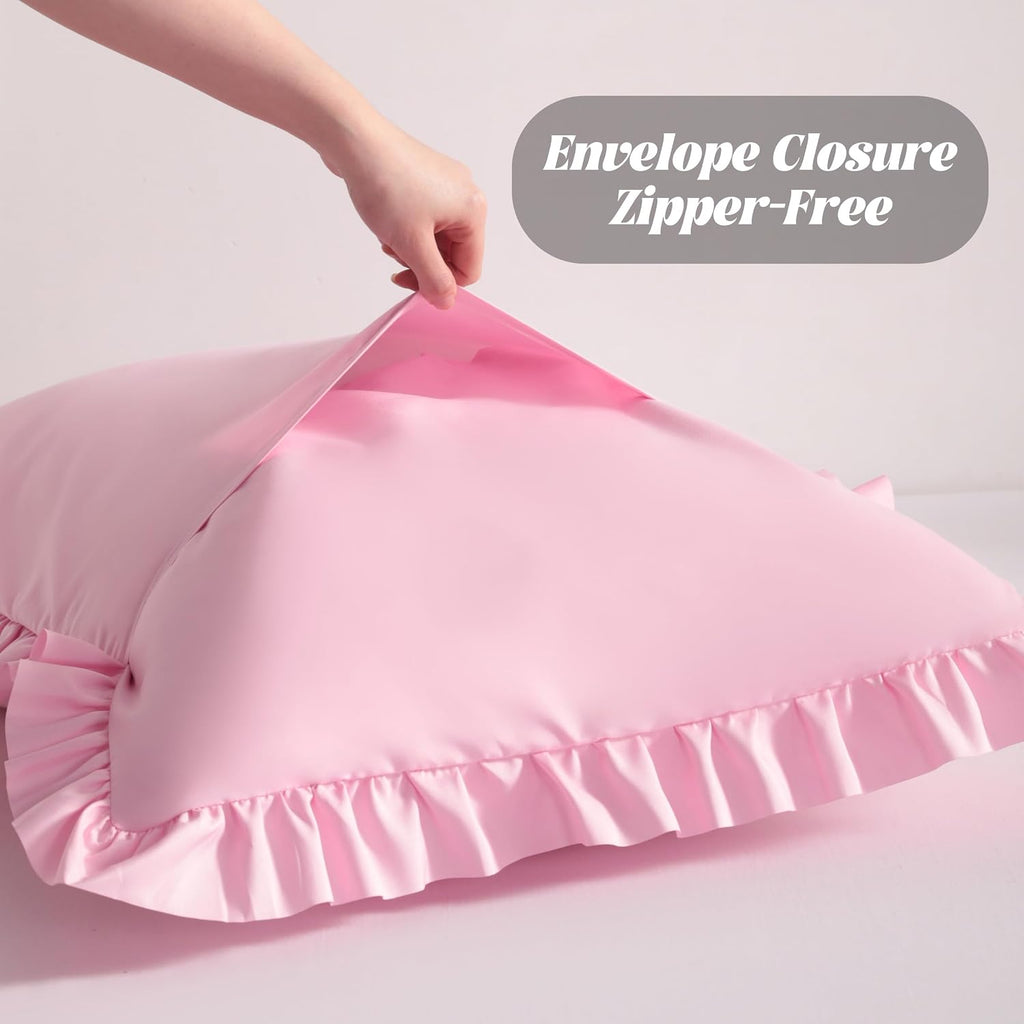 Bedsum Ruffled Pillow Shams Queen 20x30 Set of 2, Brushed Microfiber Pillowcases with Envelope Closure, Soft Wrinkle-Resistant, Pink Pink