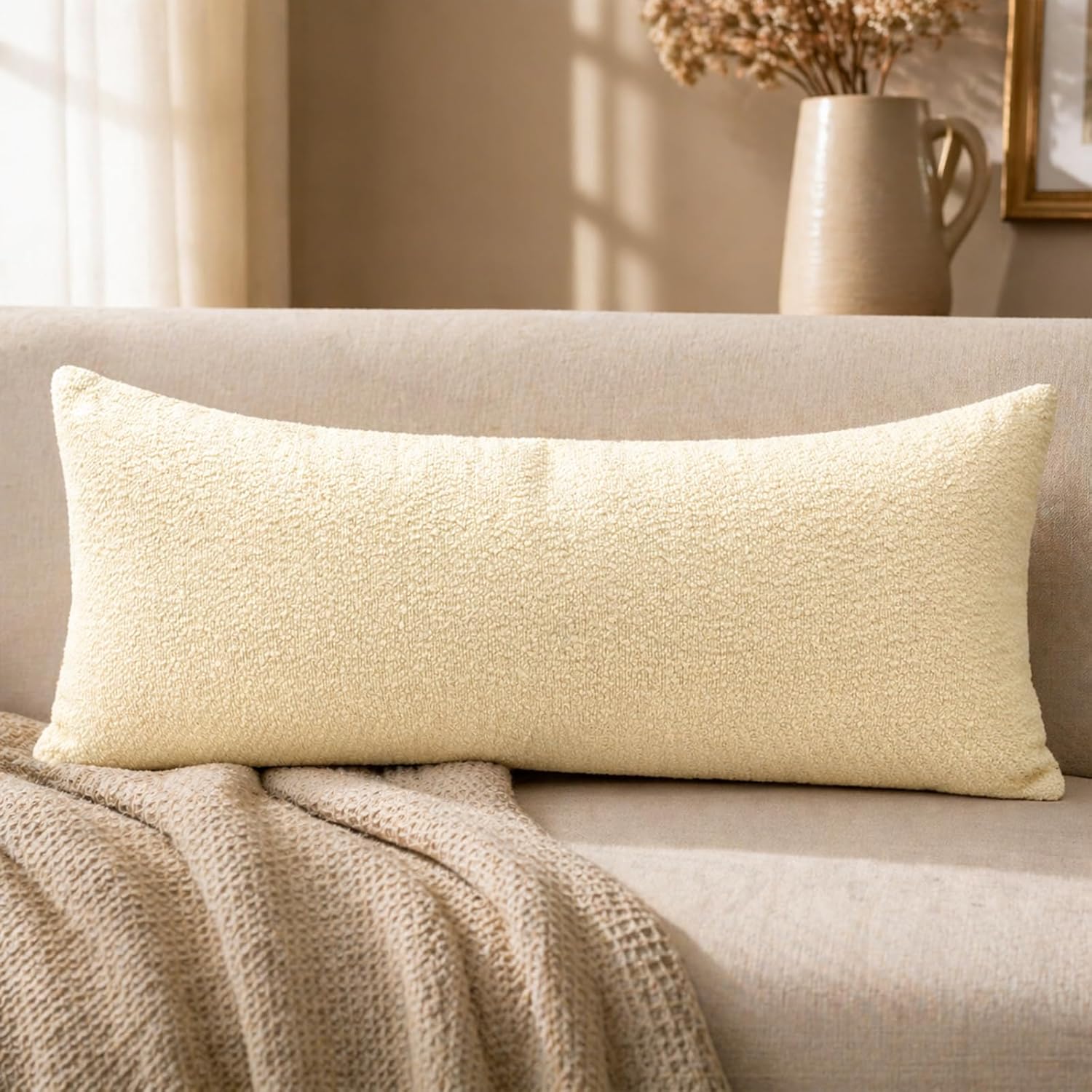 JoraLion 14x36 inch Boucle Lumbar Pillow Cover, Ivory Woven Texture Neutral Long Pillow Cover Breathable Cushion Case for Couch Sofa Bed…
