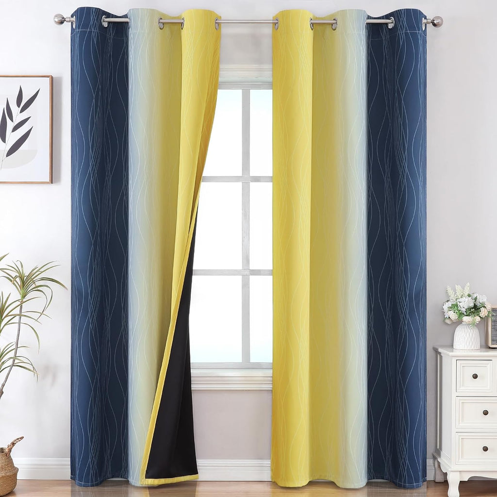 Estelartextiler Estelar Textiler Yellow and Navy Blue Ombre Blackout Curtains for Living Room, Thermal Insulated Gradient Blackout Drapes,…