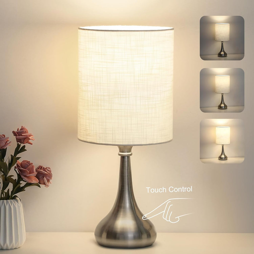 Touch Control Table Lamp, 3 Way Dimmable Simple Night Light Lamp with White Lampshade Silver Metal Base, Small Bedside Table Lamp for…