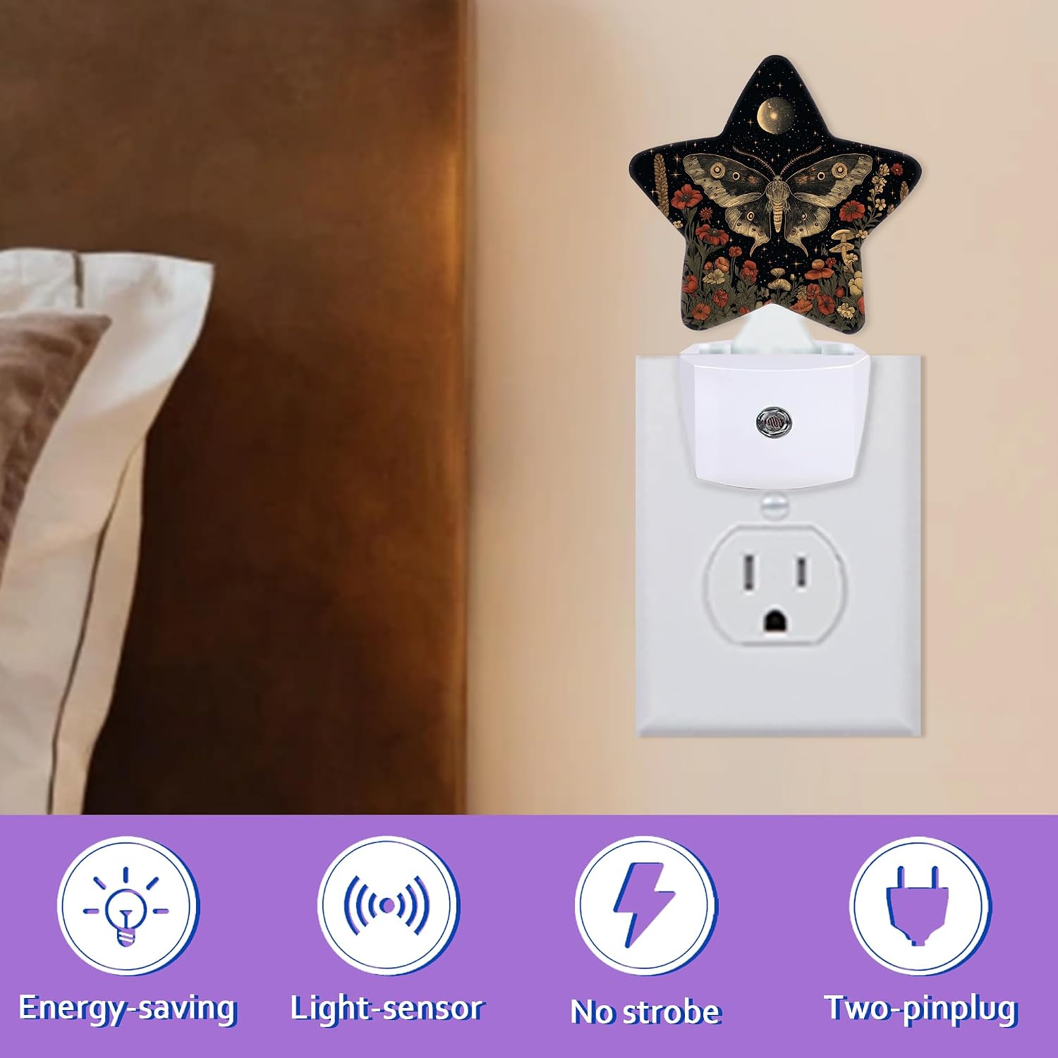 Energy Efficient Nightlights Plug in Wall, Gothic Moth Night Light for Kids Bedroom Decorative, Vintage Wildflower Dusk-to-Dawn Sensor…