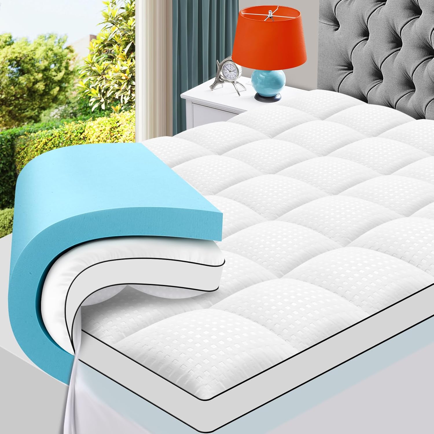 Masvis King Size Dual Layer 4 Inch Memory Foam Mattress Topper, 2 Inch Gel Memory Foam and 2 Inch Cooling Pillow Top Mattress Pad Cover for…