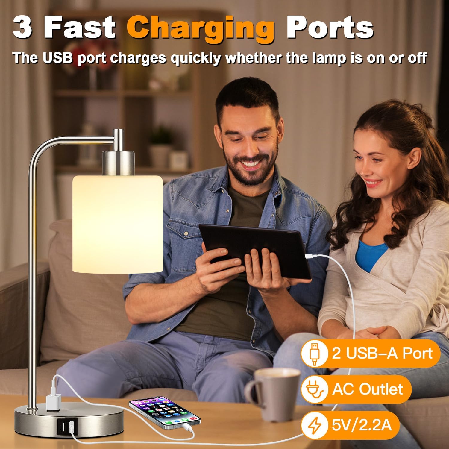 Set of 2 Industrial Touch Control Table Lamps with 2 USB Ports and AC Outlet - 3-Way Dimmable Nickel Bedside Lamp Nightstand Desk Lamps…