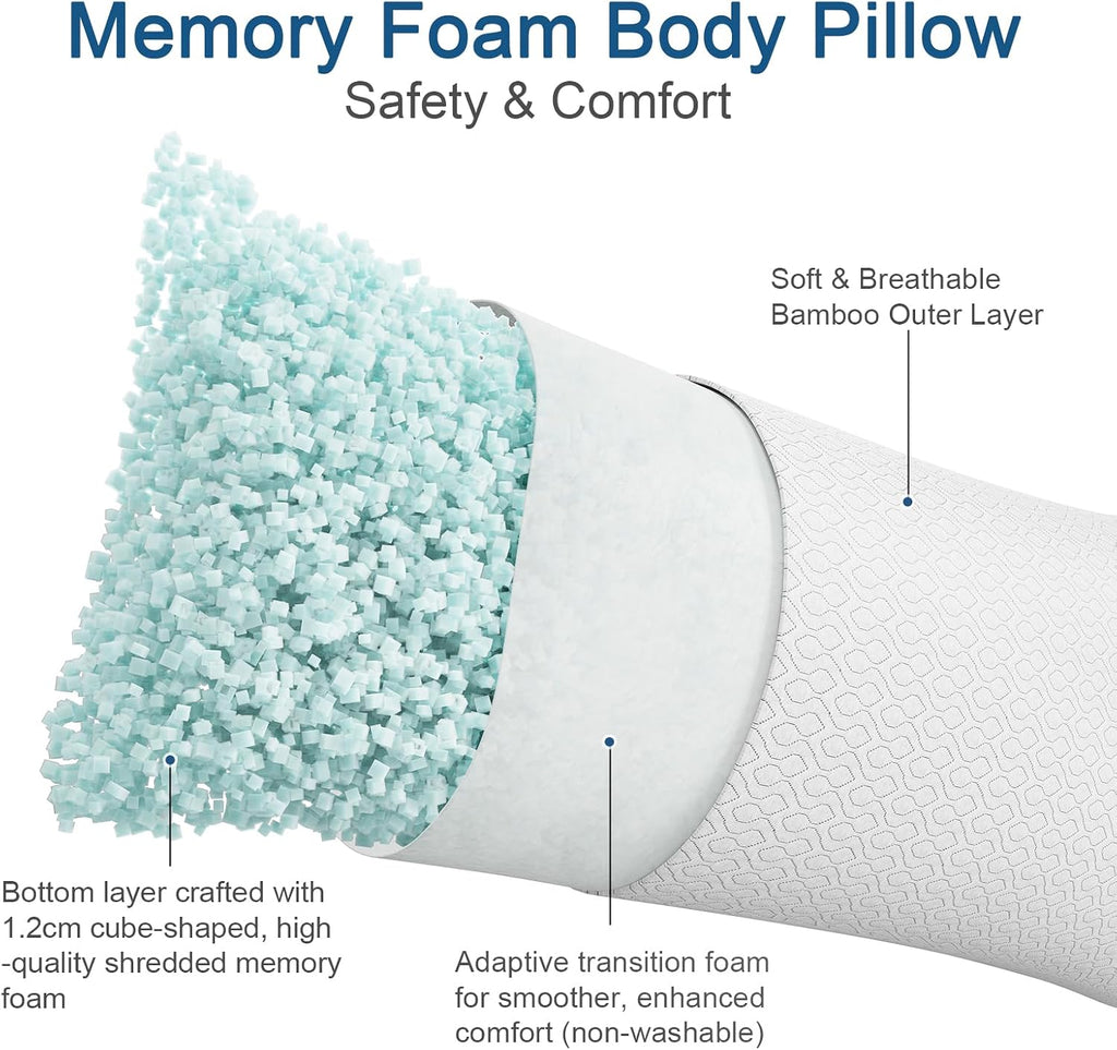Rainmr Extra Long Body Pillow Memory Foam 180x50cm – Firm King Size Body Pillows for Adults – with Cooling Cover 21 x 72 inches