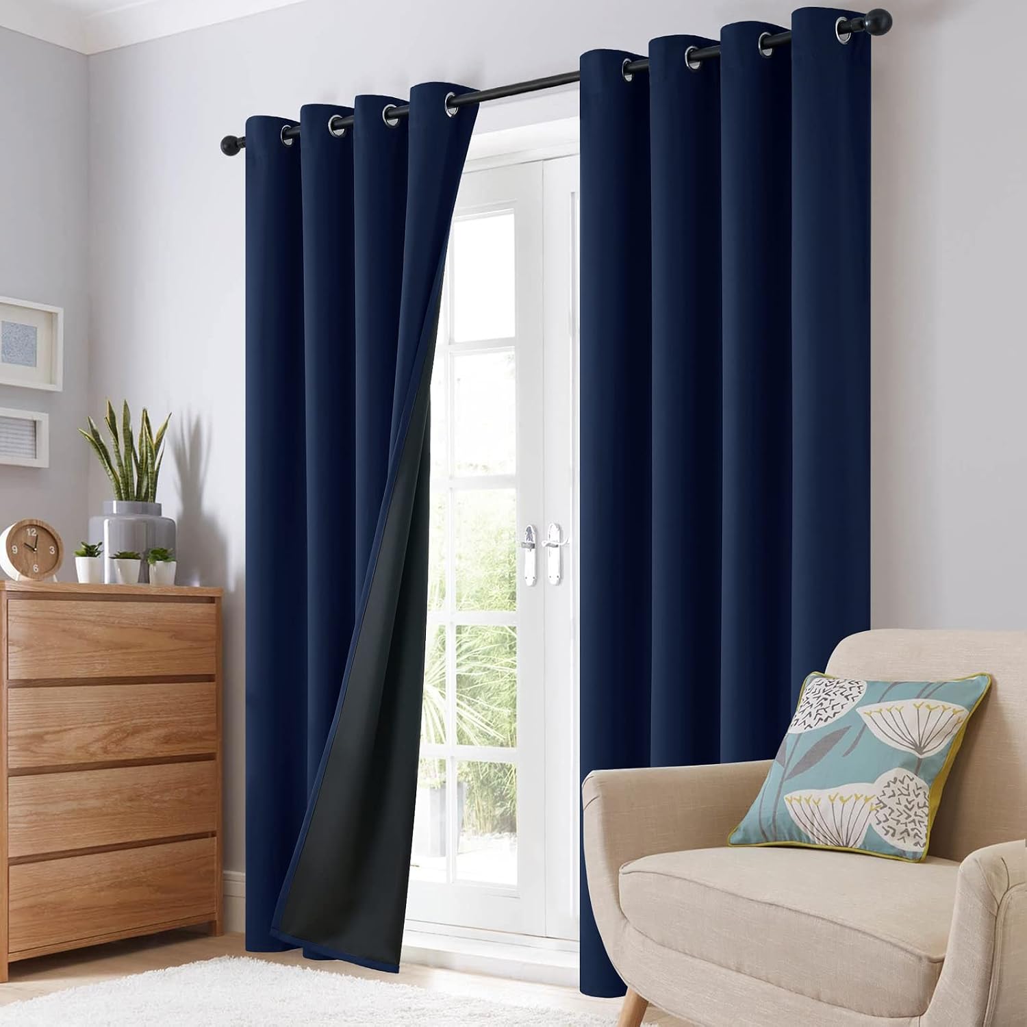 SimpleHome 100% Blackout Curtains for Bedroom, Thermal Insulated Grommet Window Drapes Room Darkening Navy Blue Curtains for Living Room wit…