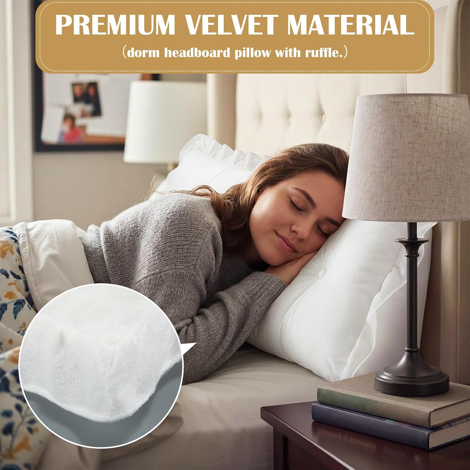Leinuosen 39 in Ruffle Wedge Headboard Pillow for Dorm Twin XL College Bed Reading Bolster Dorm Velvet Triangular Bed Backrest Wedge…