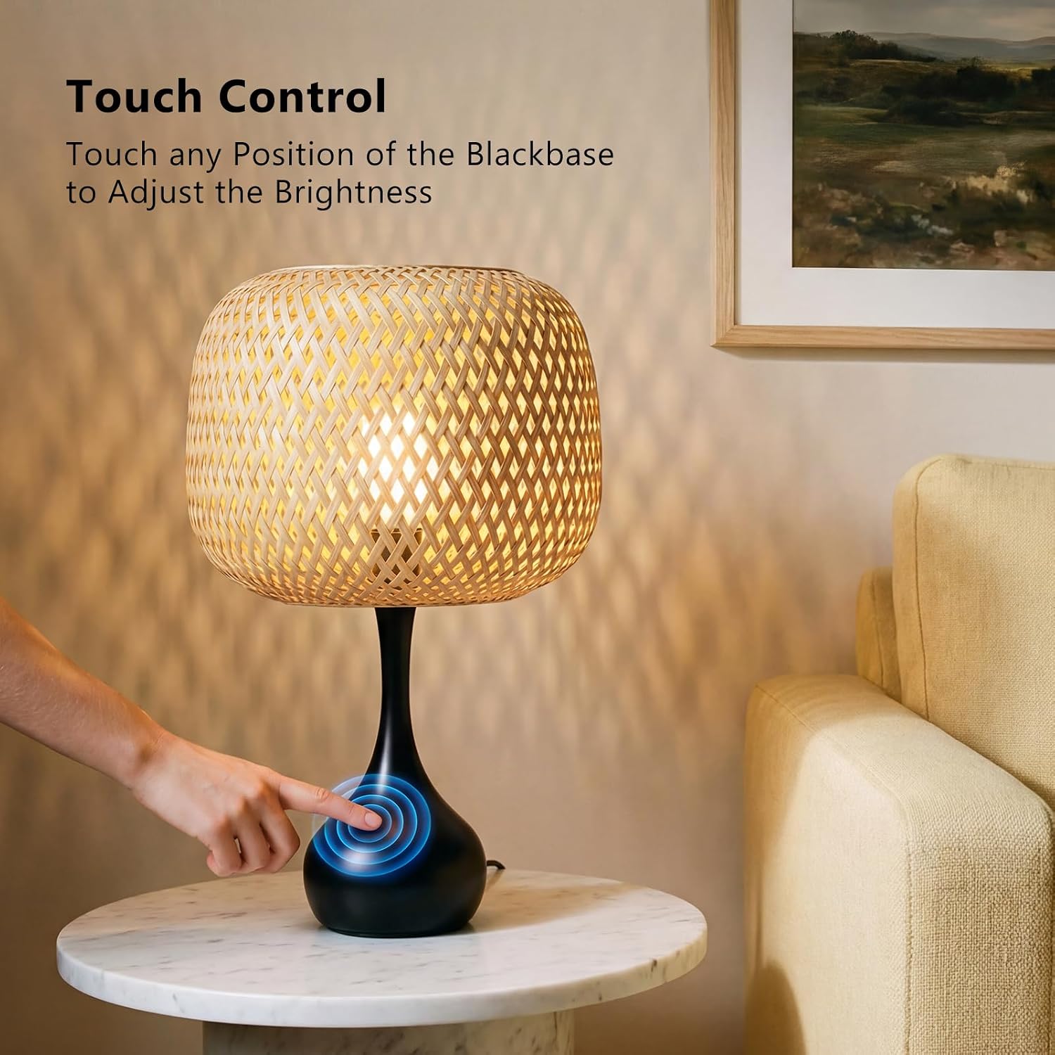 ONEWISH Touch Bedside Lamp for Bedroom, 3-Way Dimmable Table Lamps for Nightstand, Handwoven Bamboo Shade Desk Lamp for Living Room, Home…