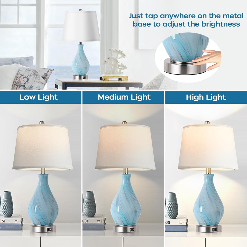 Modern Accent Table Lamp Set of 2 Touch Control, 22" Faded Swirl Blue Gray Art Glass Bedside Lamp with USB Ports, 3-Way Dimmable Hand…