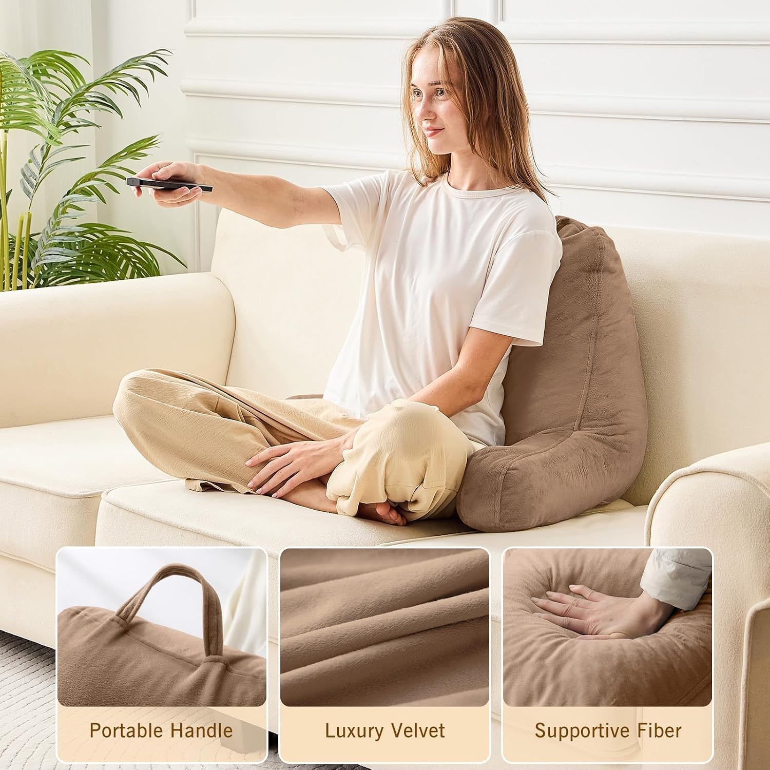 Sasttie Reading Pillow, Velvet Back Pillow for Bed Sitting Up, Adult Back-Rest Support Cushion with Arms for Sit Up on Couch, Sofa, and…