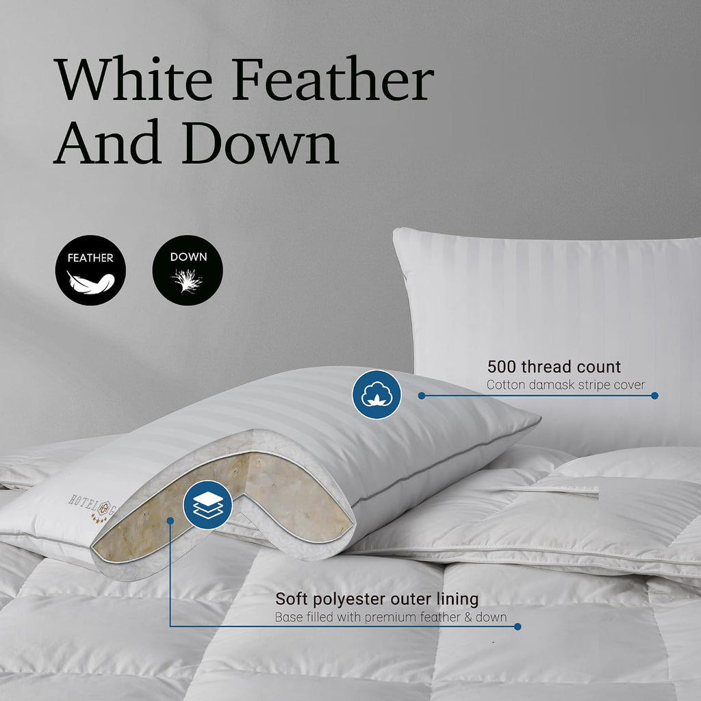 Hotel Grand White Feather Down Pillows King Size Set of 2 Packs Bed Pillows Medium Firm Hypoallergenic 100% Cotton Breathable Hotel…