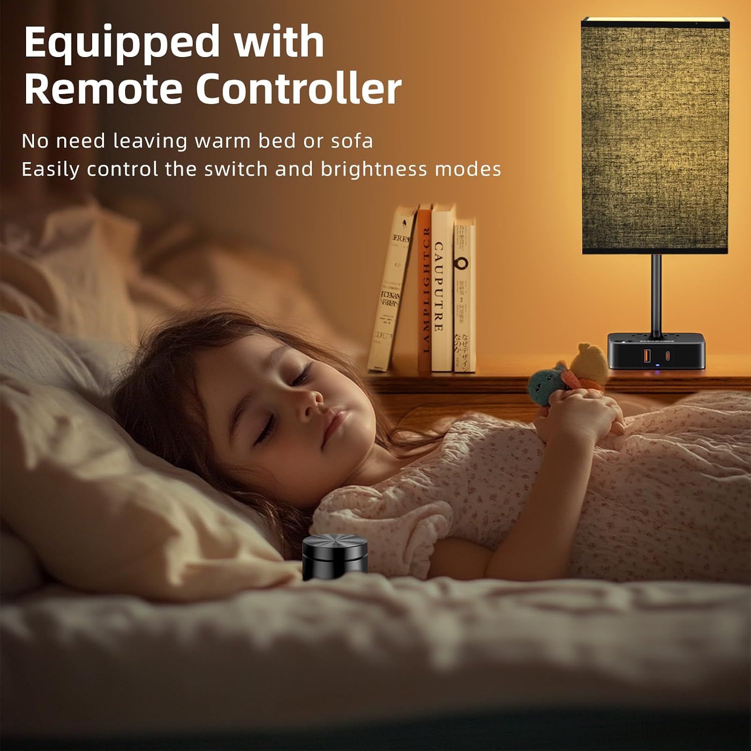 Table Lamp with Remote Operation Control for Bedroom, Dimmable Bedside Table Desk Light with USB C+A Charging Ports 2 AC…