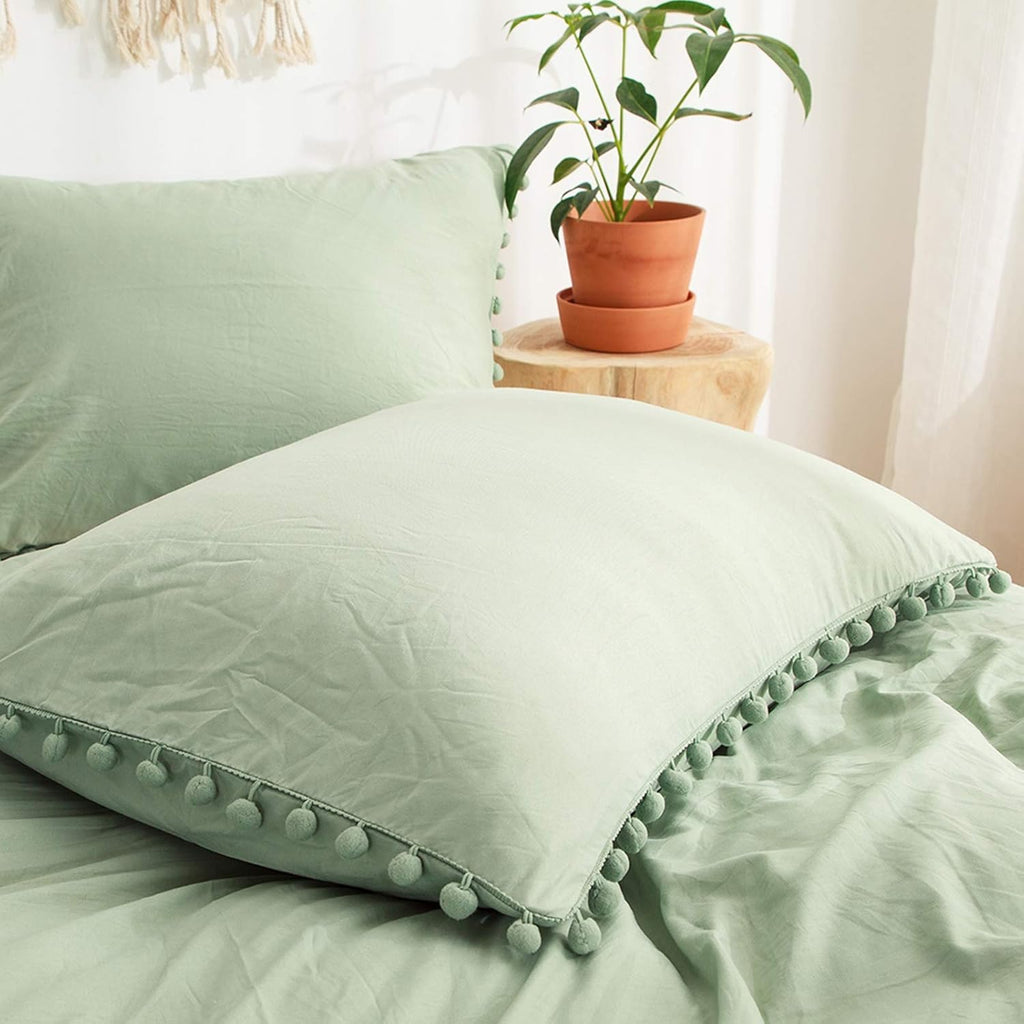 Moveover Sage Green Pom Poms Pillow Cases, Green Pillowcases Set of 2, 100% Soft Washed Microfiber, Dark Green Pillow Shams King, 2 Pack (K…