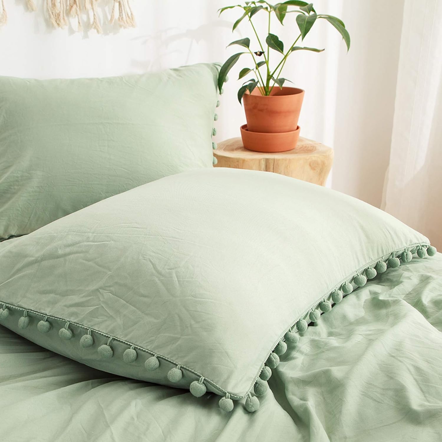 Moveover Sage Green Pom Poms Pillow Cases, Green Pillowcases Set of 2, 100% Soft Washed Microfiber, Dark Green Pillow Shams King, 2 Pack (K…