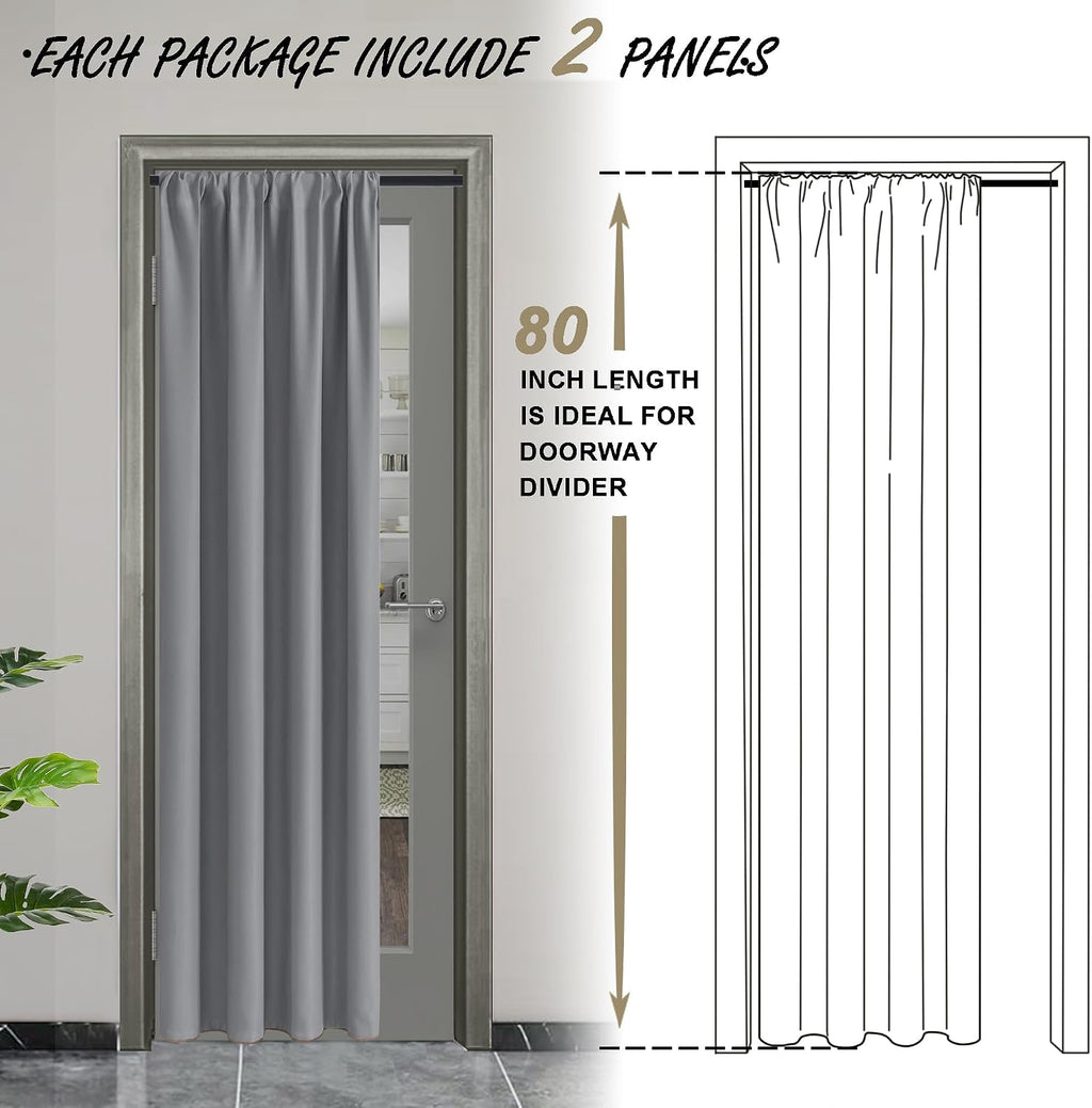 Jiuzhen Blackout Doorway Curtains 80 inch Length - 2 Panels Thermal Insulated Privacy Soundproof Rod Pocket Closet Door Curtains Room Divid…