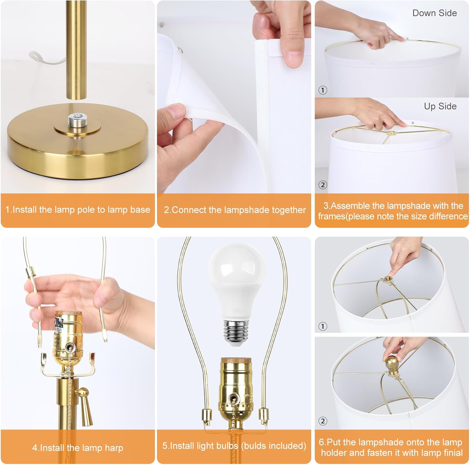 JUNNAI 2 Pack 22"-30" Adjustable Height Table Lamps Set, Modern Gold Table Lamps with White Shade 3 Colour Temperature Pull Chain Tall…