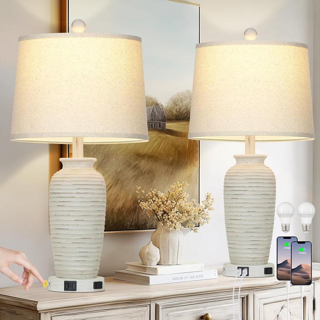 CINSARY 25" Retro White Farmhouse Jar Table Lamps Set of 2, 3 Way Touch Control Rustic Bedside Lamps with USB A+C Ports & AC Outlet, Pot…