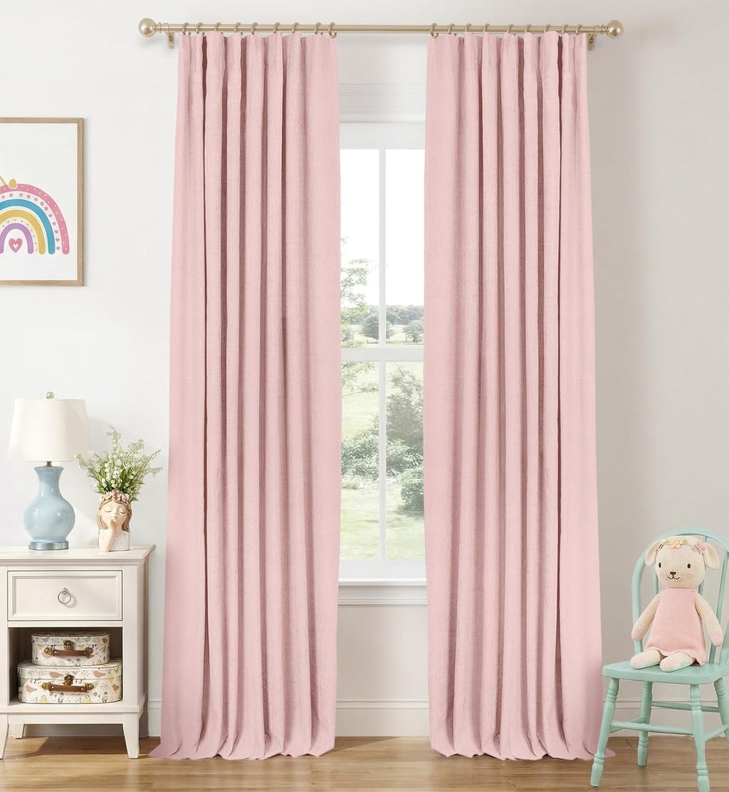 INOVADAY 100% Blackout Curtains for Bedroom, Black Out Curtains 96 Inch Long, Clip Rings Linen Blackout Drapes, Thermal Insulated Room…