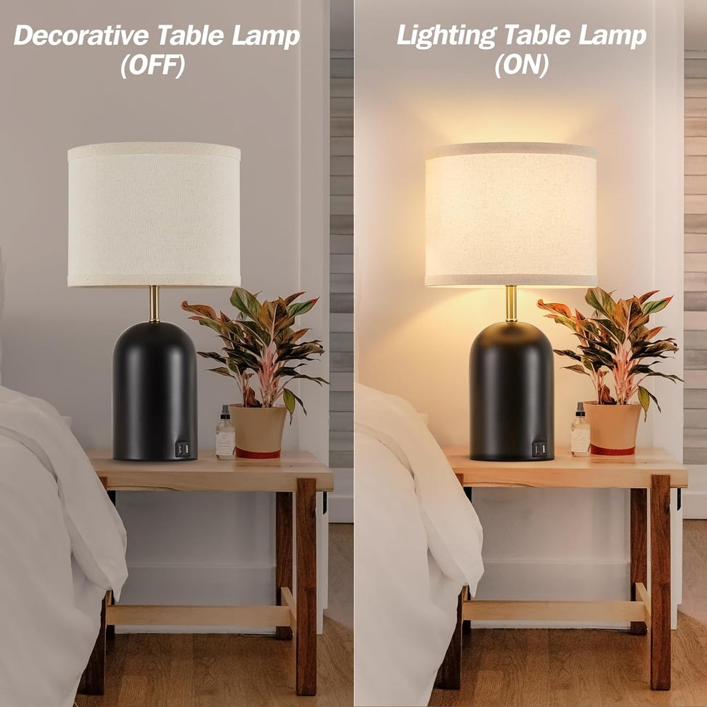 GyroVu Touch Control Table Lamps Set of 2, Modern Bedside Lamp with 2 USB Ports, Dimmable Gold and Black Nightstand Lamp with Fabric…