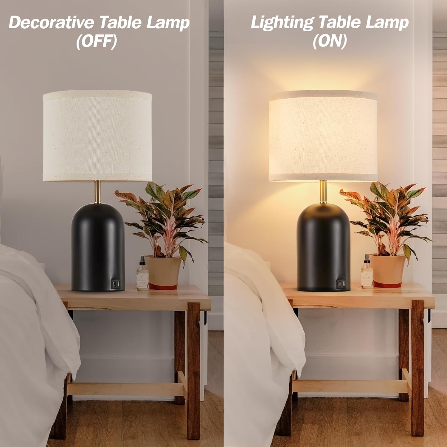 GyroVu Touch Control Table Lamps Set of 2, Modern Bedside Lamp with 2 USB Ports, Dimmable Gold and Black Nightstand Lamp with Fabric…