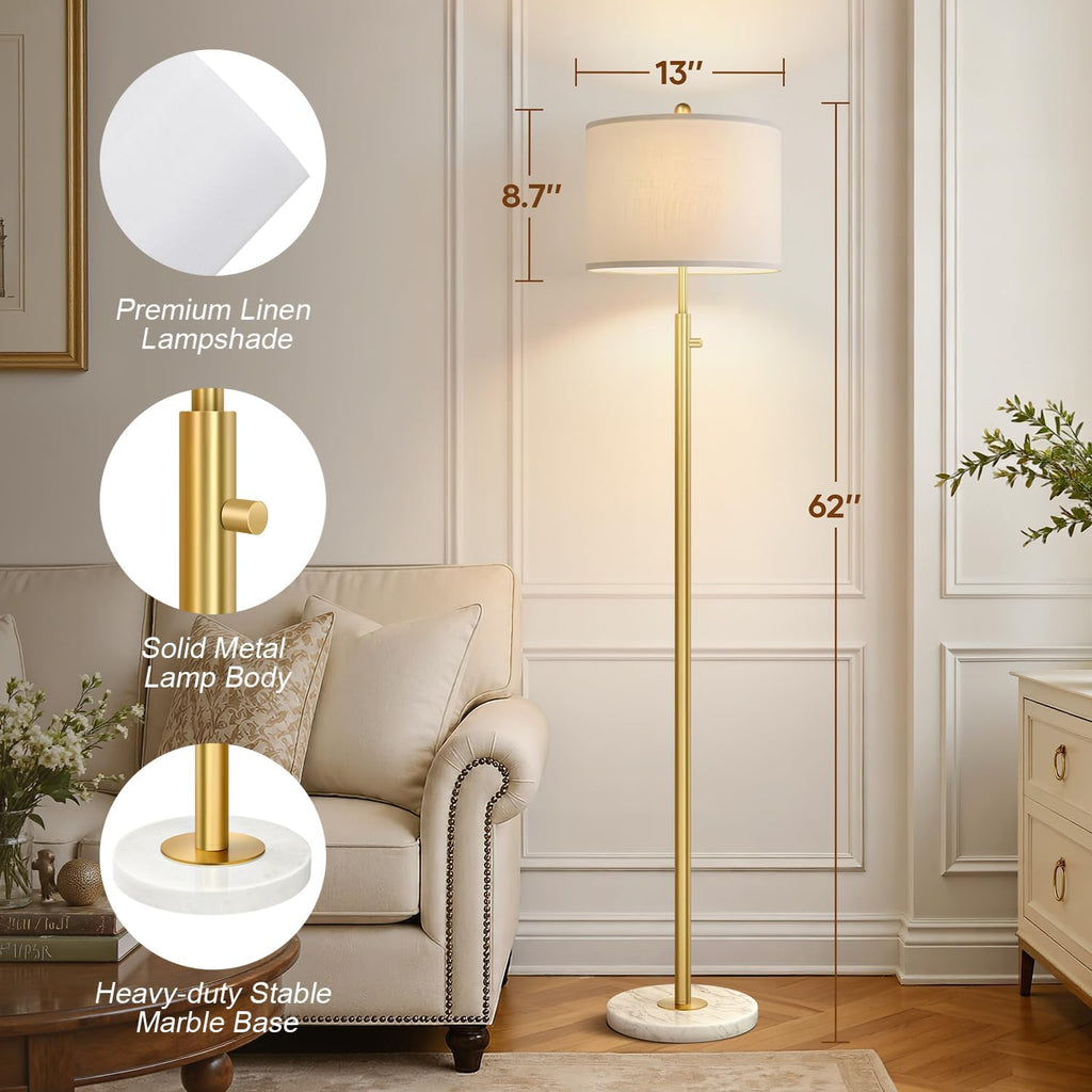 Upgraded】Dimmable Gold Floor Lamps for Living Room, 11W LED Bulb Included, Modern Standing Lamp with Marble Base, Tall Pole Light with…