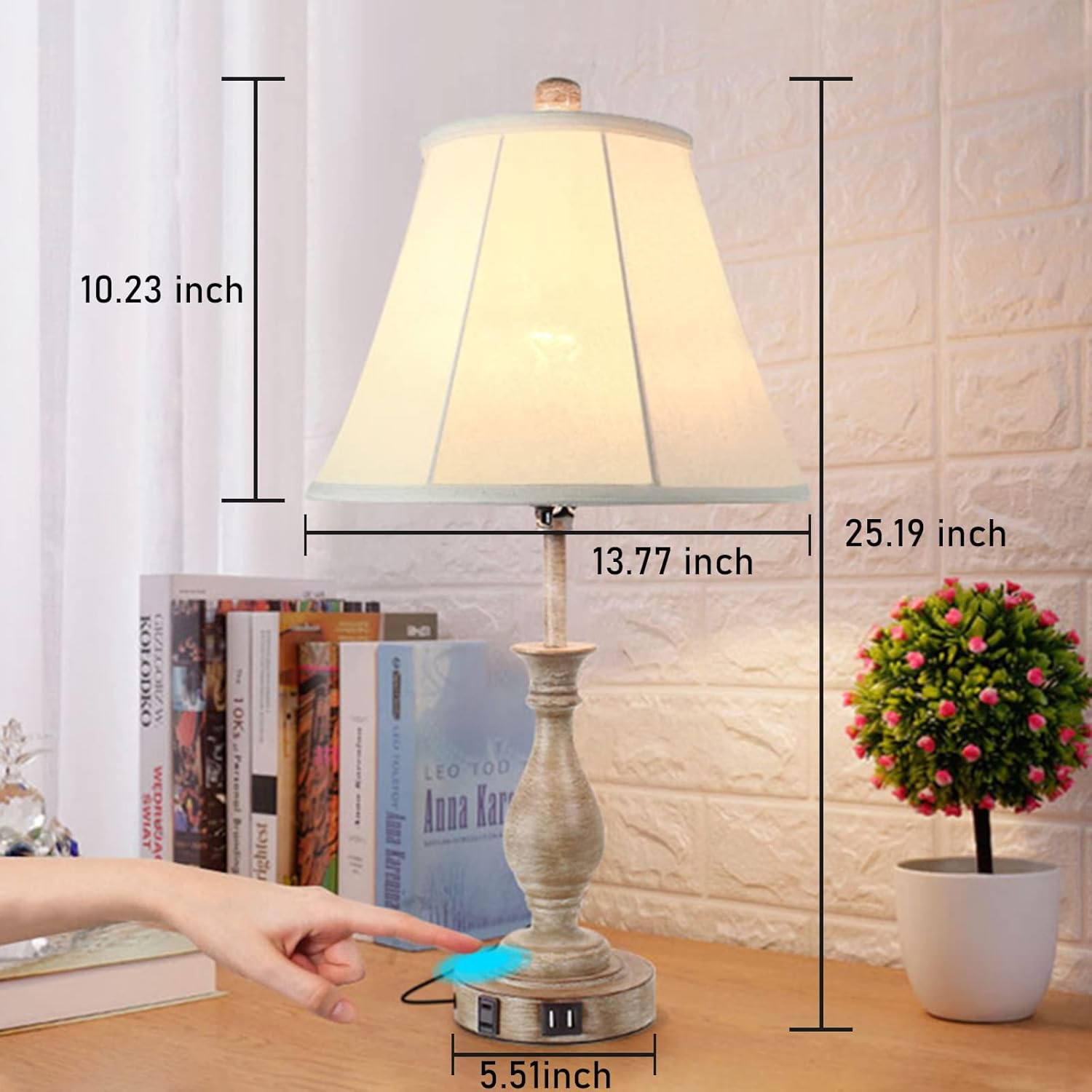 Lalisu Farmhouse Table Lamp Touch Control 3-Way Dimmable Table Lamp, Modern Nightstand Lamp with 2 USB Port Bedside Desk Lamp with Fabric S…