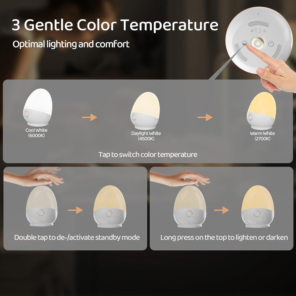 Zuzukid Touch Egg Night Light for Baby Nursery, Rechargeable Portable Kids Nightlight Lamp with 1-6H Feeding Timer, 3 Color Temperatures Di…