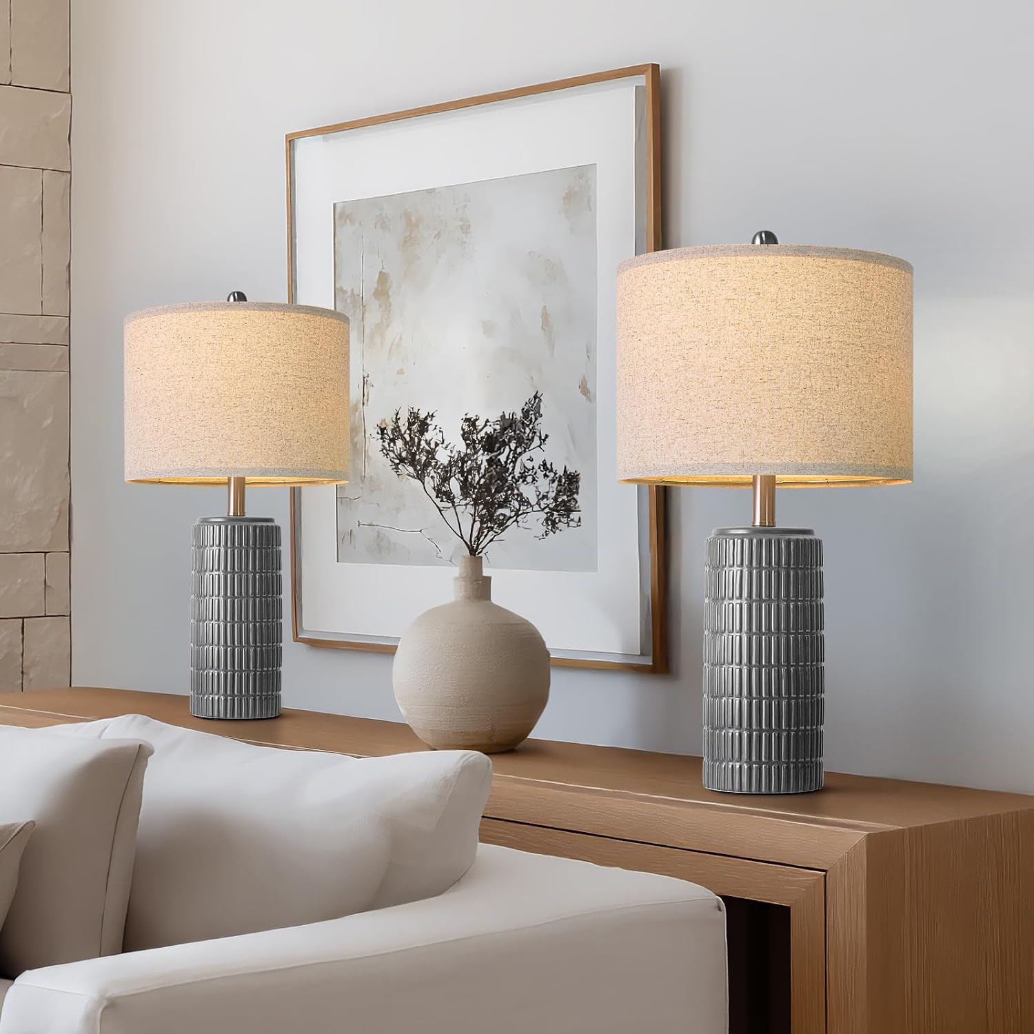 PoKat 23" Ceramic Dark Gray Table Lamps Set of 2 for Living Room, Modern Bedside Lamps for Bedroom, Farmhouse Nightstand Lamp for Home…