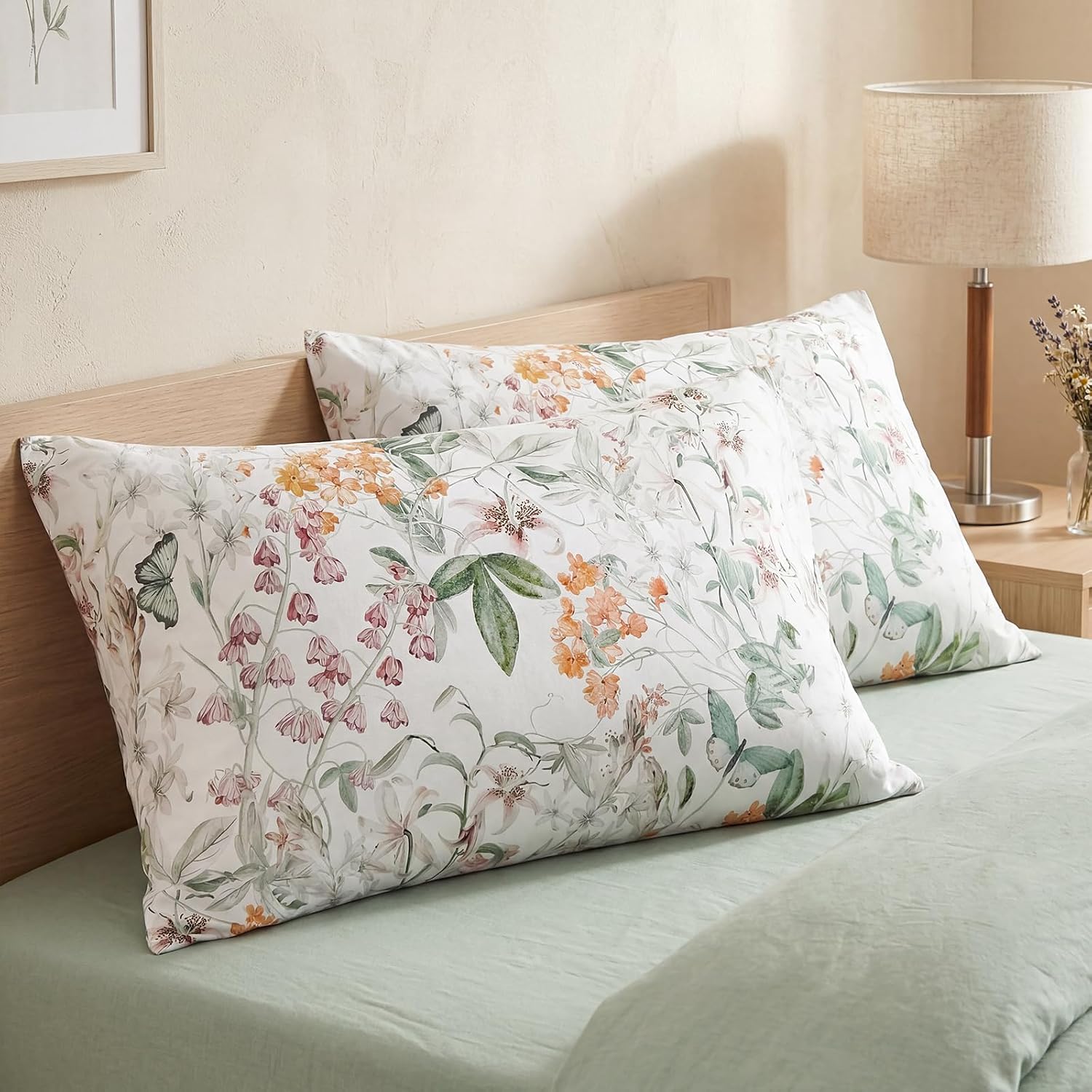 Bedorm Standard Size Pillow Cases Set 100% Cotton Pillow Covers 2 Pieces Yellow Flower Botanical Print Floral Pillow Case with Pocket Closu…