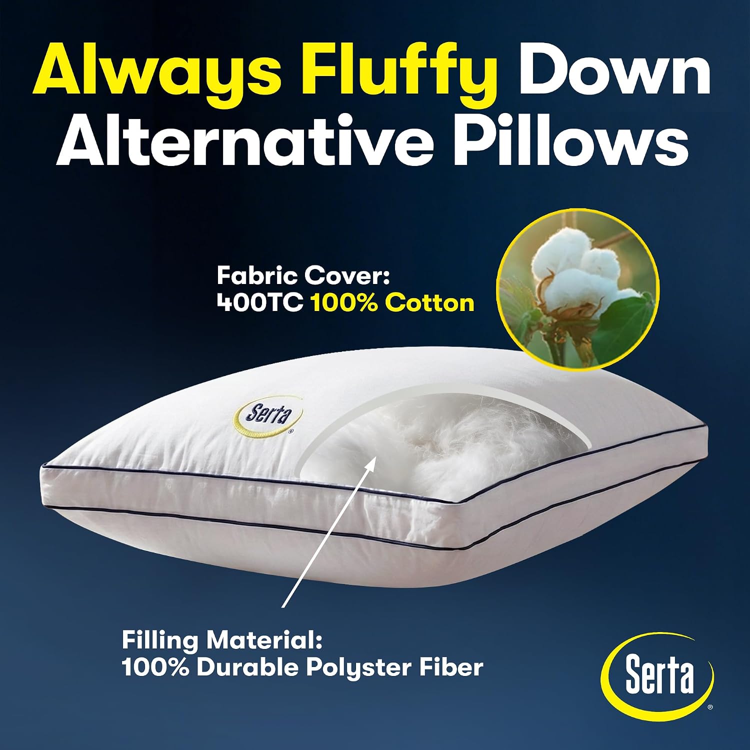 Serta Hotel Collection Bed Pillows King Size Set of 2, 400 Thread Count 100% Cotton Cover, Medium Support Gusseted Down Alternative Pillow…