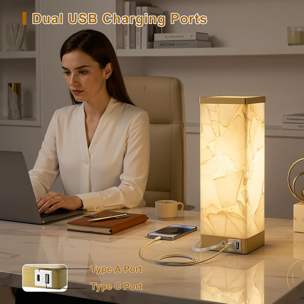 Scenekoy Alabaster Table Lamp for Bedroom Living Room, 3-Way Dimmable Bulb with Memory Function, Modern Bedside Lamps with USB A+C Ports…