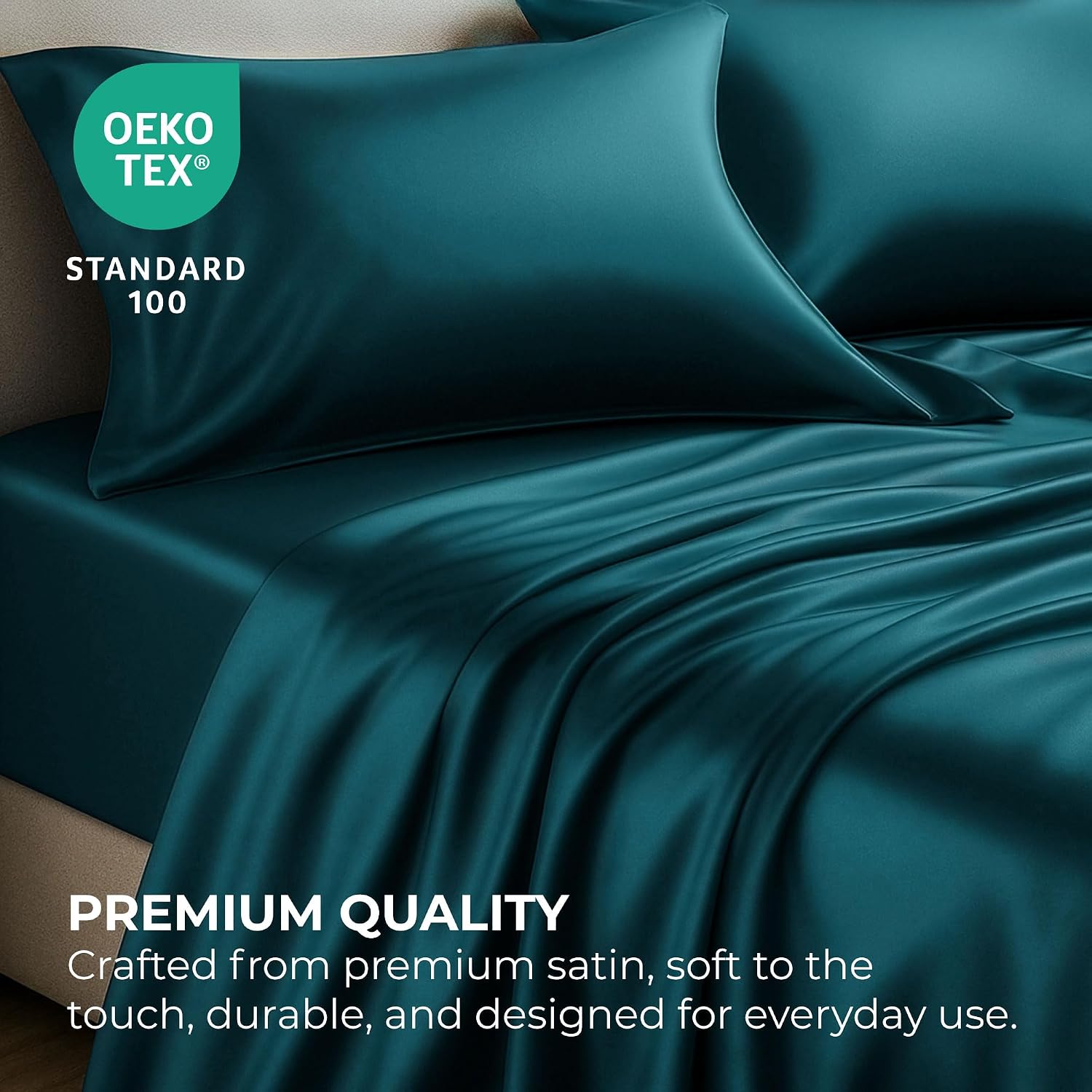 PureBedding Satin Sheets Queen [4-Piece, Teal] Hotel Luxury Silky Bed Sheets - Extra Soft 1800 Microfiber Sheet Set, Wrinkle, Fade, Stain R…