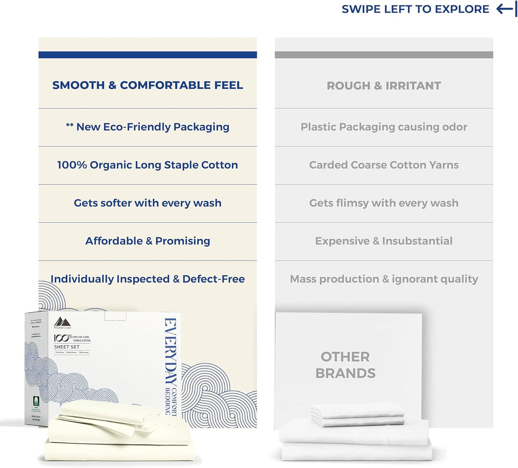 Mayfair Linen 100% Organic Cotton Sheets King Size - 4 PC Organic Cotton King Percale Size Weave Sheet Set, Soft, Cooling, Crisp &…
