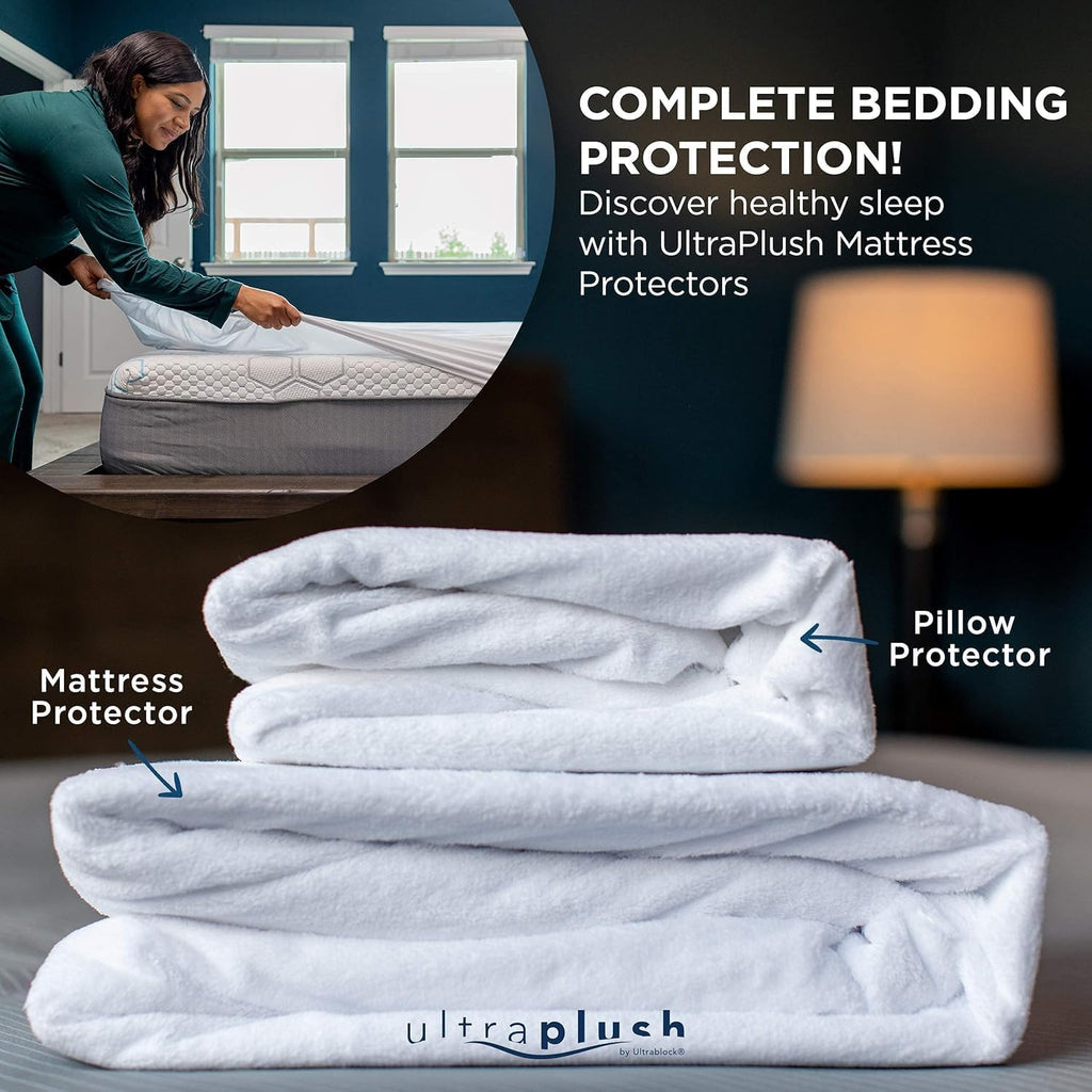 UltraBlock Ultra Plush Premium Waterproof Pillow Protector Set of 2 - Zippered Pillow Case Cover - Super Soft and Quiet Feather Proof…
