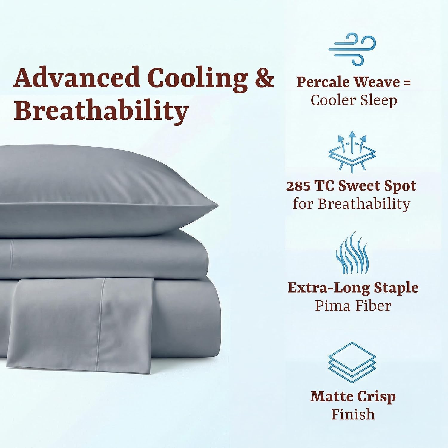 Perupima Peru Pima 285 Thread Count Percale King Sheet Set - 100% Peruvian Pima Cotton, 4 Piece (Flat, Fitted, 2 Pillowcases) - Cooling, Cr…