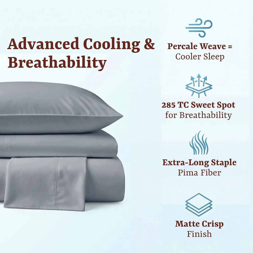 Perupima Peru Pima 285 Thread Count Percale Full Sheet Set - 100% Peruvian Pima Cotton, 4 Piece (Flat, Fitted, 2 Pillowcases) - Cooling, Cr…