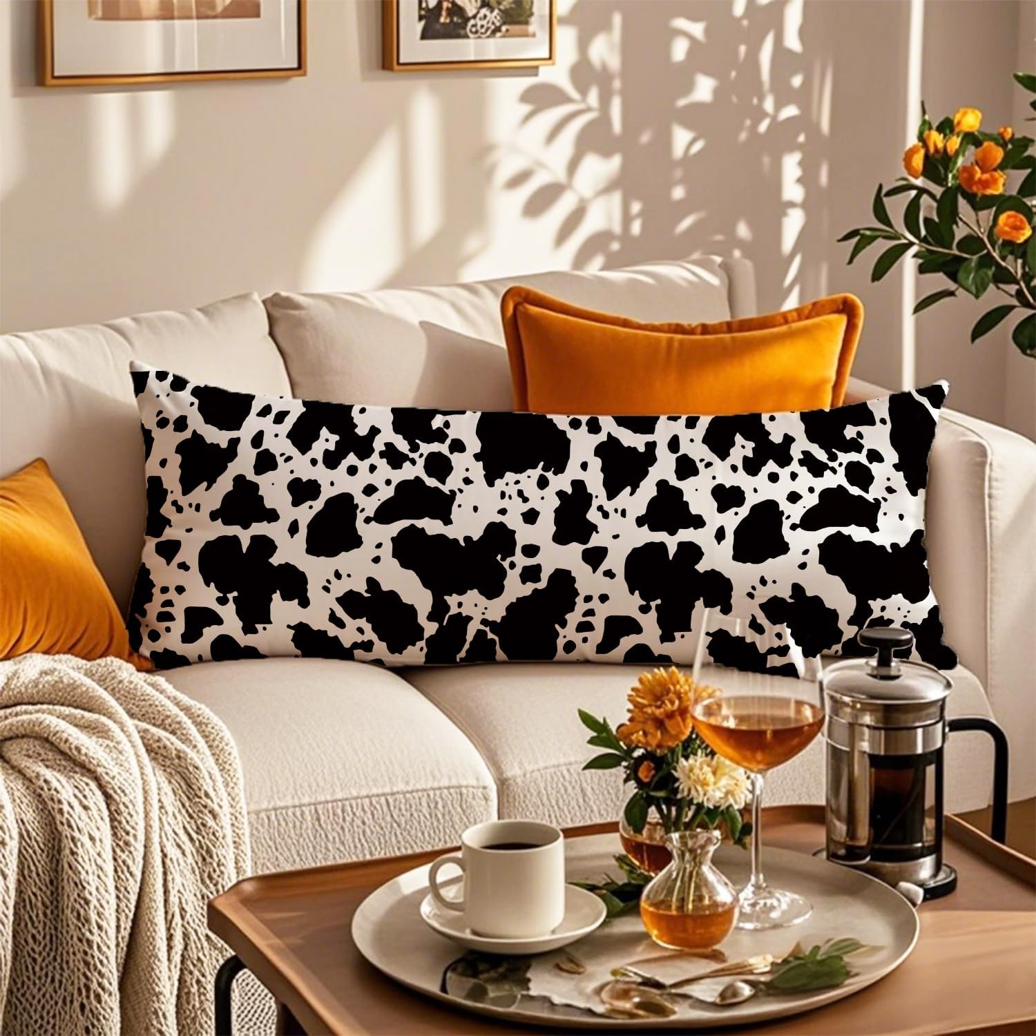 Cow Print 20x54 Body Pillow Cover, Rustic Farmhouse Decor, Black and White Cow Cowhide Skin Print Decorative Long Body Pillow Cases for…