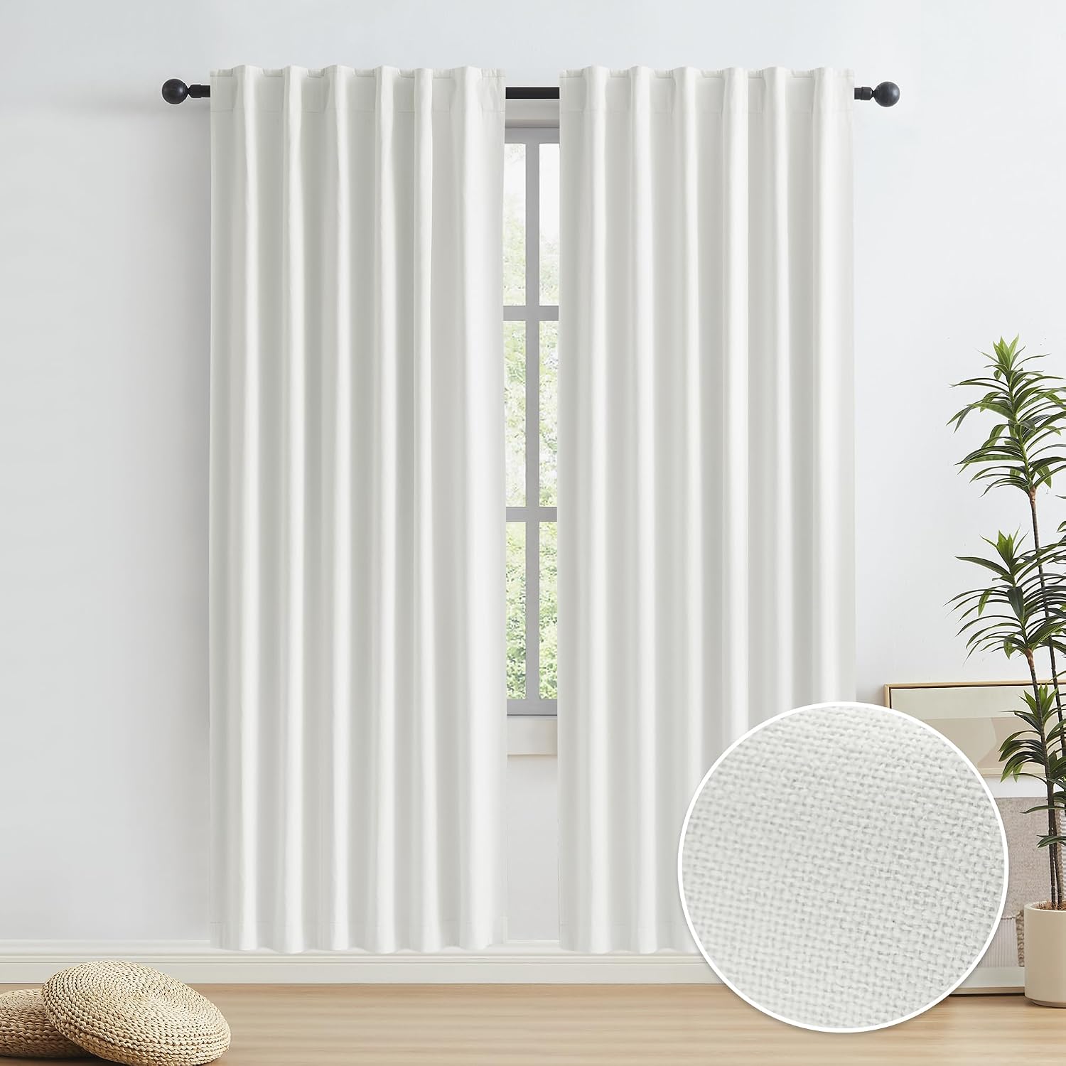 Keqiaosuocai Ivory Ecru Blackout Linen Curtains Energy Smart Light Blocking Thermal Insulated Farmhouse Boho Window Drapes for Bedroom 50 x…