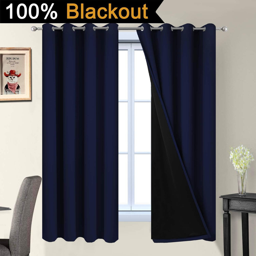 Yakamok Total Blackout Curtains, 2 Thick Layers Completely Blackout Thermal Insulated Drapes with Black Liner for Bedroom(52Wx63L, Navy Blu…