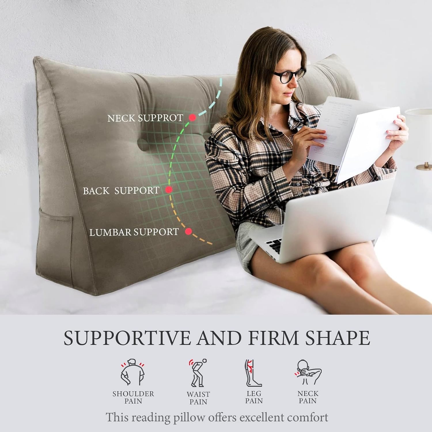 Headboard Pillow Full for Dorm - Velvet Bed Wedge Headboard Reading Pillow for Sitting in Bed, Positioning Support Backrest Pillow with…
