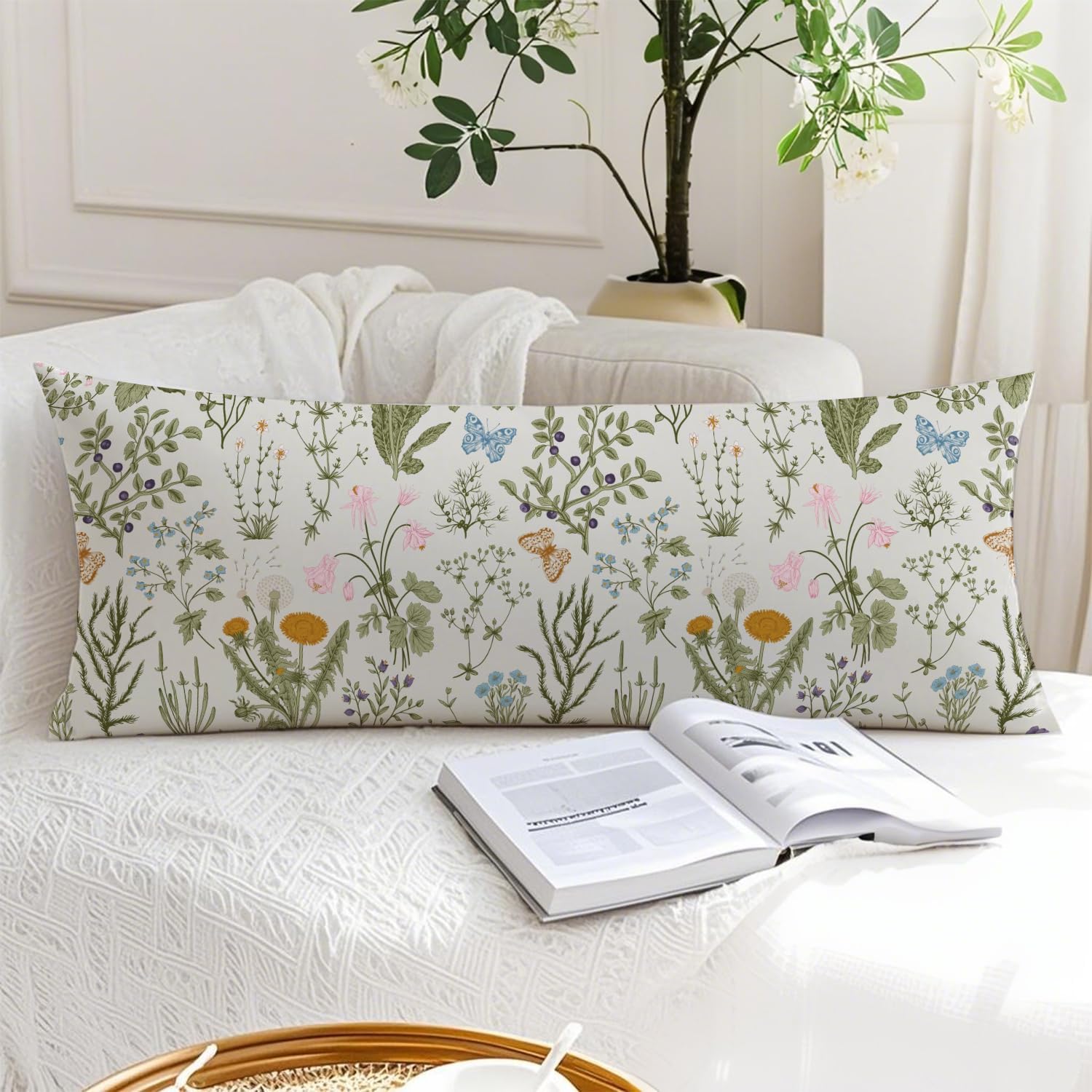 Vintage Floral Botanical 20x54 Body Pillow Cover, Cottagecore Room Decor, Rustic Cottagecore Wildflower Plant Decorative Long Body Pillow…