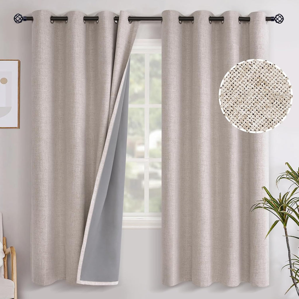 YoungsTex 72 Inches Long Linen 100% Blackout Curtains for Bedroom, Beige Thermal Insulated Drapes with Grommet Room Darkening for Farmhouse…