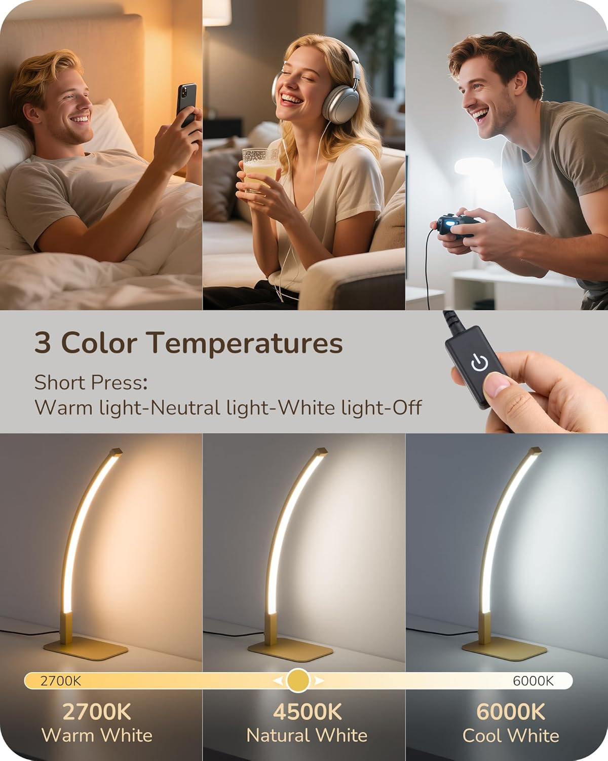 Edishine Curved LED Table Lamp, Modern Bedside Lamp with 3 Color Temperature & Stepless Dimming, Aluminum & Iron, Nightstand Lamp for Bedro…